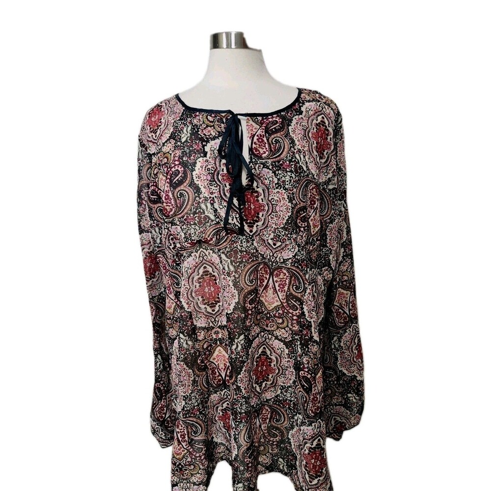 REVUE Woman  Purple Paisley Top 2X  Chiffon Long Bell Sleeve Keyhole Neck   Boho